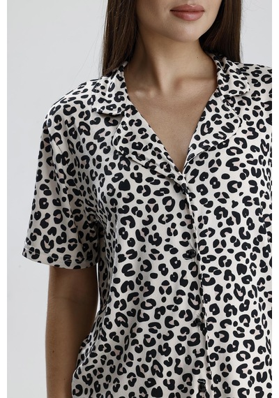 Kompedan Kadın Leopar Desen Önden Düğmeli Pijama Takım LEOPAR