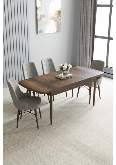 Zümra Serisi, Barok Ahşap Desen 80x132 Açılabilir Mdf Mutfak Masası Takımı 4 Adet Sandalye, Gri Zümra Serisi, Barok Ahşap Desen 80x132 Açılabilir Mdf Mutfak Masası Takımı 4 Adet Sandalye, Gri