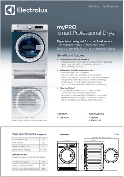 Electrolux Professional TE1120 myPRO 8 KG Akıllı Kondenser Çamaşır Kurutma Makinesi