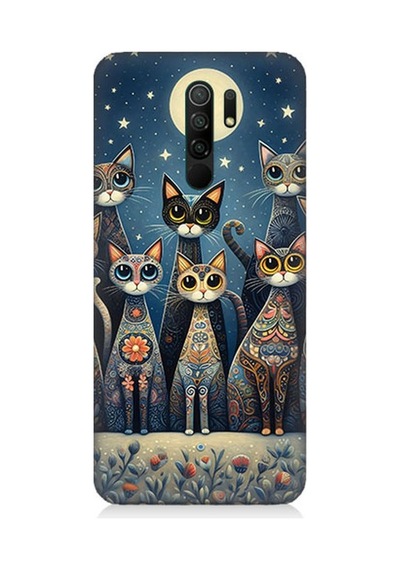 Xiaomi Redmi 9 Uyumlu Ay Altında Kedi Ailesi Desenli Silikon Kılıf Çok Renkli