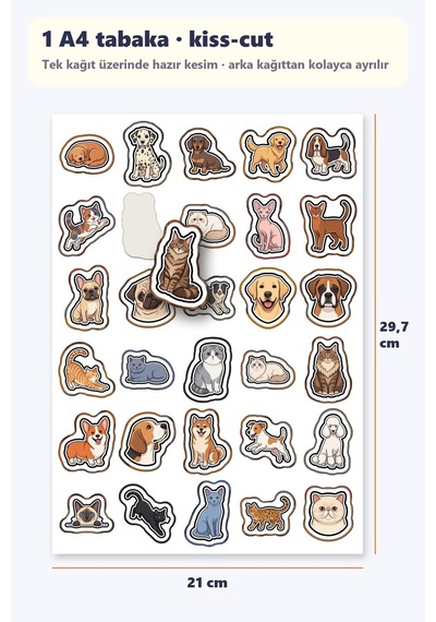30 Adet Vektörel Kedi Köpek Sticker Seti - Laptop Defter Telefon Su Matarası İçin Çok Renkli