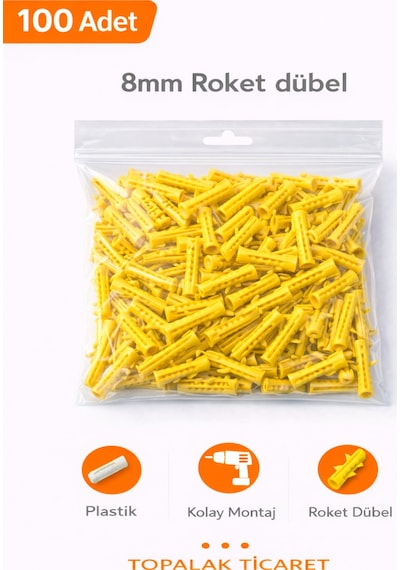 8mm Plastik Dişli Sarı Roket Dübel 100 Adet