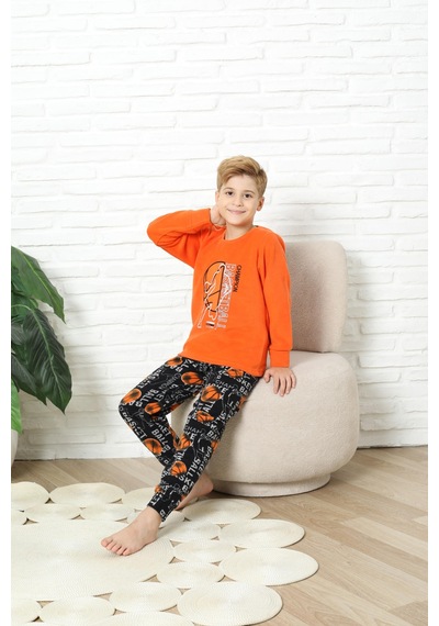 Yeni Stil Sonbahar/kış Erkek Çocuk Basketball Desenli Polar Pijama Takımı 4562 Turuncu