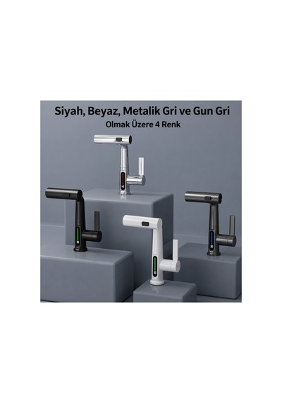 3 Modlu Led Sıcaklık Göstergeli Çekilebilir Şelale Musluk 360 Döner Mutfak Banyo Lavabo Bataryası Gri