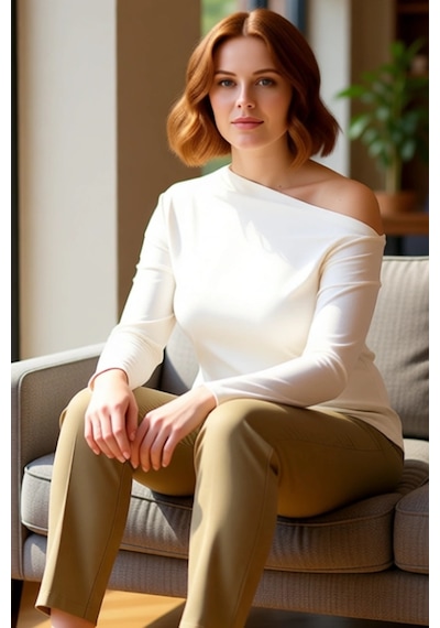 Ersefa Kadın Ekru Viskon Ribana Basic Bluz Asimetrik Yaka Cool & Comfort
