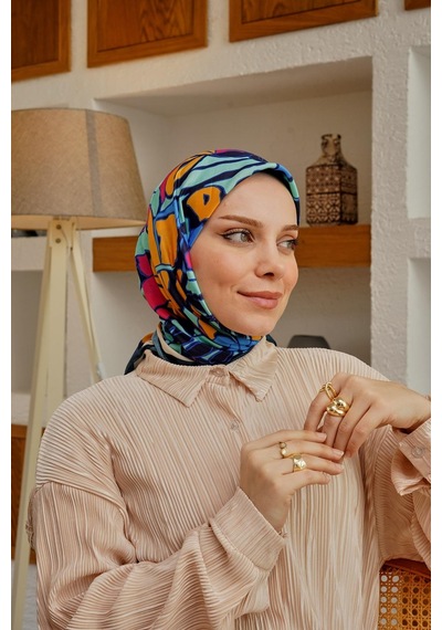 Afvente Yaprak Desen Mavi Soft Pamuk Eşarp