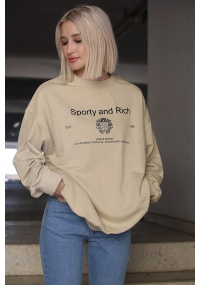 Bej Bisiklet Yaka Baskılı Oversize Kadın Sweatshirt Mg1577