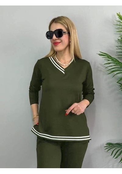 Defymoda Kadın Uzun Kollu Ribana Detay Viskon Iki Iplik Ikili Takım Haki