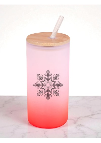 Kar Tanesi Baskılı 600 Ml Cam Matara- Su Matarası, Suluk Matara, Cam Pipetli Matara Kırmızı