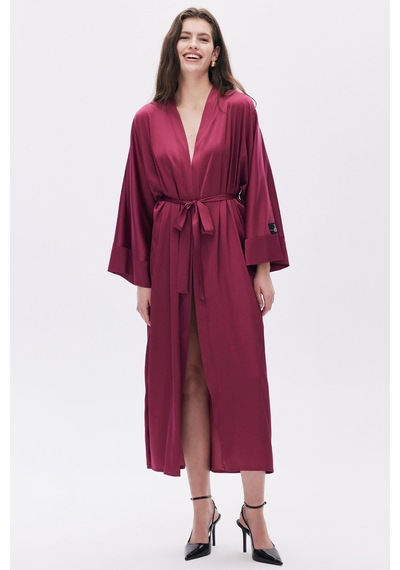 Frappant Bordo Uzun Saten Sabahlık / Kimono Bordo