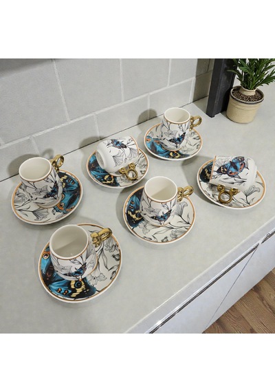 Sudedi Home Floral Renkli Yaldızlı 6 Kişilik Kahve Fincan Takımı Çok Renkli