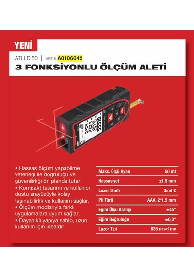 Attlas Atlld 50 3 Fonksiyonlu Ölçüm Aleti Lazer Hizalama+lazer Metre+şerit Metre