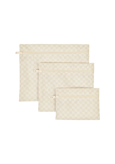 Ocean Home Textile 3'lü Su Geçirmez Pvc Astarlı Bej Dama Desen Islak Kuru Çantası 20 X 13 / 24 X 20 / 30 X 24 Cm