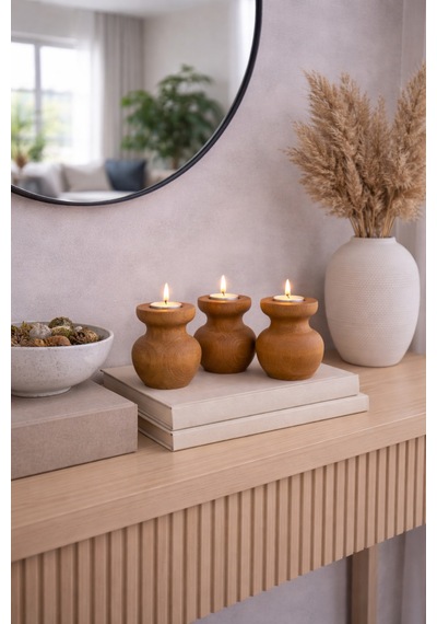 3 Lü Büyük Nar Model Tealight Ahşap Şamdan Seti Dekoratif Şamdan