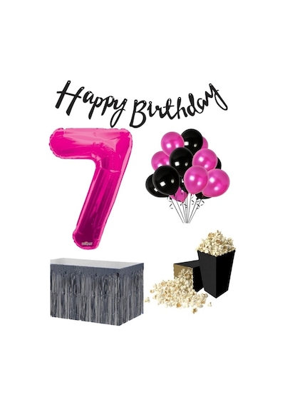 7 Yaş Pembe Balon Rakam Folyo Banner Mısır Kutusu Masa Eteği Doğ