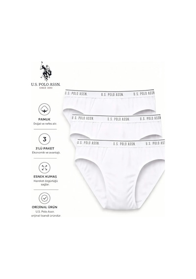 U.S. Polo Assn. 3'lü Esnek Pamuklu Erkek Slip Beyaz