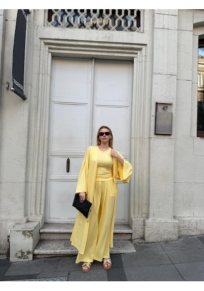 Bonacosa Kadın Viskon 3 Lü Takım Kimono + Beli Lastikli Salaş Pantolon + Sıfır Kol Kolsuz 8 Renk Sarı Bonacosa Kadın Viskon 3 Lü Takım Kimono + Beli Lastikli Salaş Pantolon + Sıfır Kol Kolsuz 8 Renk Sarı