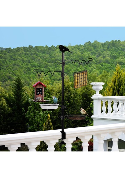 Asılı Kuş Yemi Dispenseri Ve Kuş Suluğu 92 Cm Yüksekliğinde, 2'si 1 Arada Metal Balkon Askısı, Kuş Suluğu