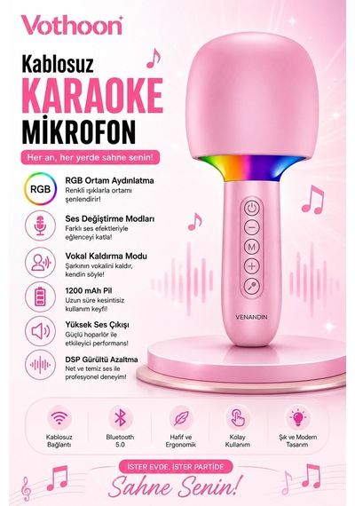 Zenvia Çocuk Ve Yetişkin Karaoke Mikrofonu Kablosuz Rgb Ambiyans Işığı Ses Değiştirme Modlu Hoparlör Znv2026