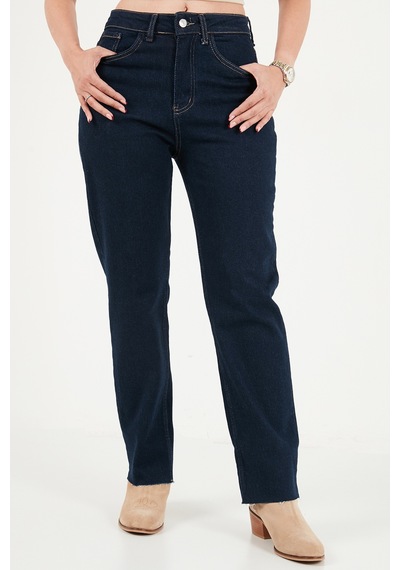 Lela Pamuklu Yüksek Bel Düz Paça Jeans Kadın Kot Pantolon 7031007 Koyu Mavi