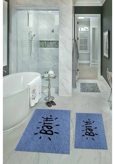 Buççin Online Mağaza Dijital Baskılı Kaymaz Yıkanabilir Bath İkili Banyo Takımı Klozet Takımı Polyester Mavi Çok Renkli