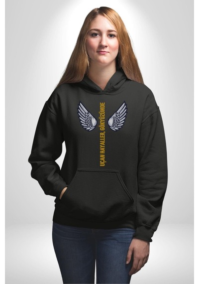 Uçan Hayaller Gökyüzünde Melek Kanatları Kadın Erkek Siyah Kapüşonlu Sweatshirt Hoodie Siyah