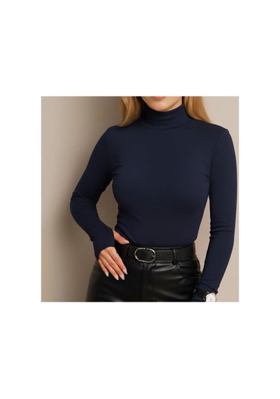 Unika Boutique Uzun Kol Dik Yaka Parmak Geçmeli Body T-shirt Lacivert