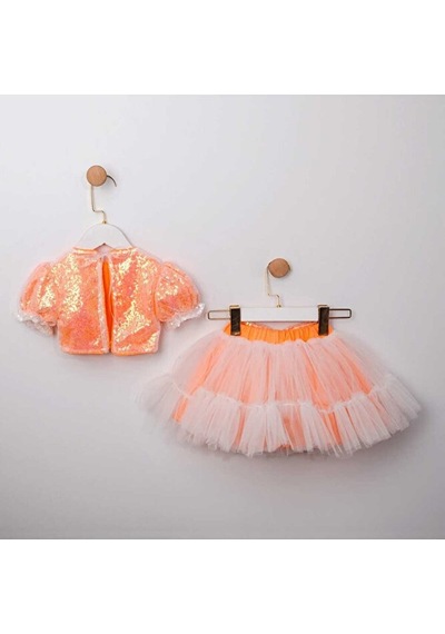 Ministok Mirella Payetli Crop Ve Tütü Etekli İkili Kız Çocuk Takım Neon Oranj
