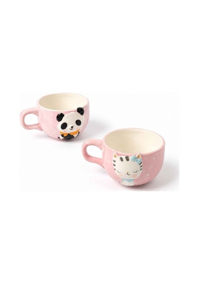 Minizoo Sevimli Kedi Ve Panda Figürlü 2 Adet Porselen Kupa Seti Renklı