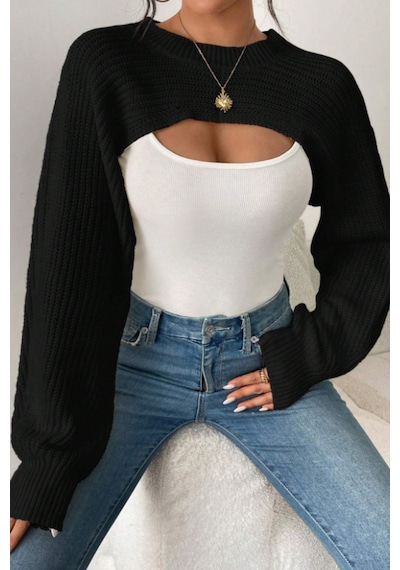 Tarz Cool Kadın Siyah Dekolteli Crop Triko Bolero Siyah