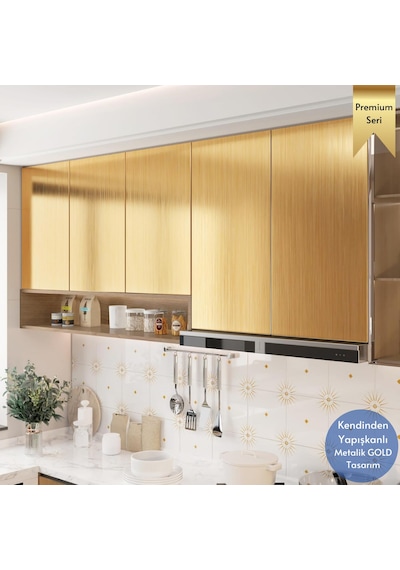Technosmart 60cm 300cm Kendinden Yapışkanlı Metalik Folyo Mutfak Dolap Masa Kaplama Duvar Kağıdı Gold