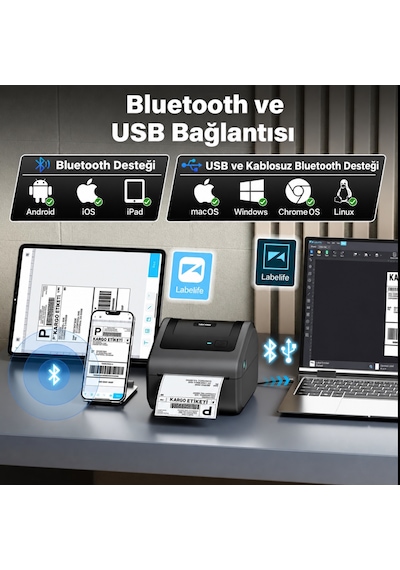 Aimo D450-bt Bluetooth Termal Etiket Yazıcı 203 Dpı 150 Mm/sn  Barkod Ve Qr Kod Usb Yazıcısı