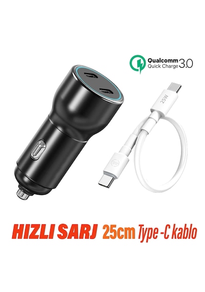 Hızlı Araç Şarj Aleti - Araba Şarjı Cihazı Ve 25cm Kablo