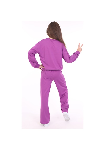 Toontoy Kids Toontoy Kız Çocuk 2'li Takım Baskılı Bisiklet Yaka Sweatshirt & Beli Lastikli Bol Paça Eşofman Altı - 2 İplik Mor