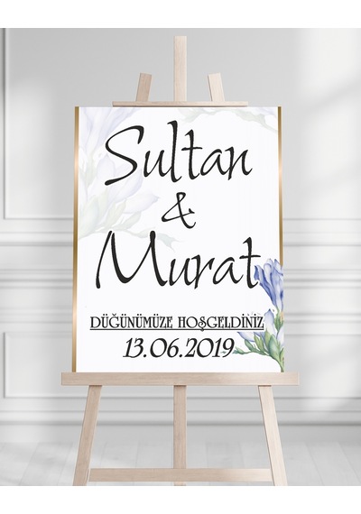 Söz Nişan Düğün İçin 50x70 Karşılama Panosu - Mavi Çiçek Desenli Pano Beyaz