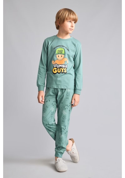 Defacto Stumble Guys Baskılı Bisiklet Yaka Uzun Kollu Üst Elastik Bel Alt 2li Pijama Takımı Erkek Çocuk H6693a826augn757 Yeşil-gn757