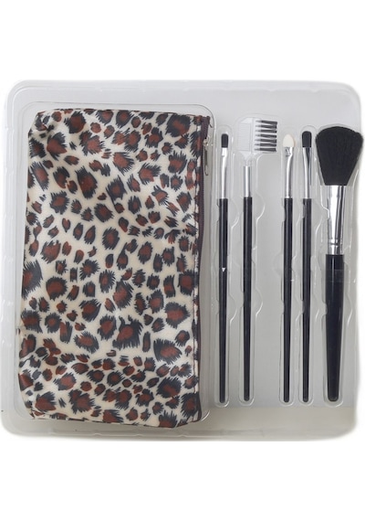 Touch Of Beauty Makyaj Fırça Seti 5li Make-up Brush Seti Çanta Boy & Leopar Desenli Çanta