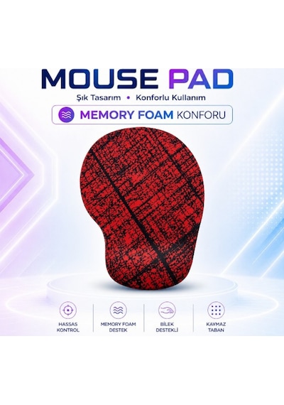 Black Flex Dijital Baskılı Memory Foam Ergonomik Bilek Destekli Kırmızı Mause Pad