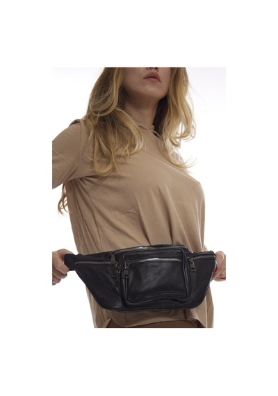 Nahitatyana Unisex Siyah Çok Cepli Hakiki Deri Freebag Bel Çan... Siyah