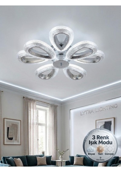 Damla Model 8'li Gümüş 3 Renk Modu Ledli Tavana Sıfır Salon Mutfak Çocuk Yatak Odası Led Avize