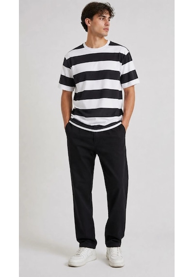 Erkek Çizgili Oversize Tişört Bisiklet Yaka Kısa Kol Yazlık T-shirt - Siyah Çok Renkli