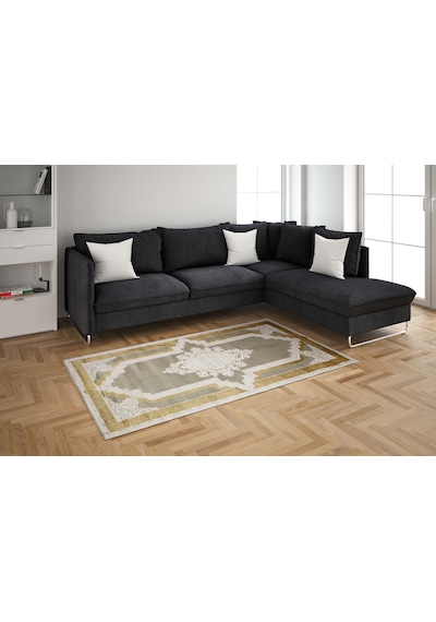 Nostalji Seri Gold Çerçeveli Klasik Motifli Altı Kaymaz Makine Dokuma Halı 13417-835 Beyaz