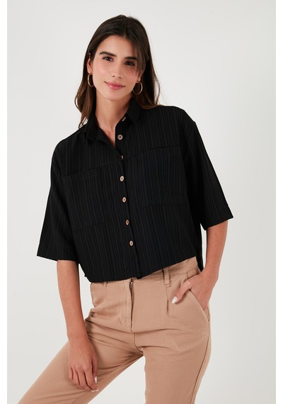 Lela Regular Fit Çift Cepli Kısa Kollu Bayan Gömlek 5865644 Siyah
