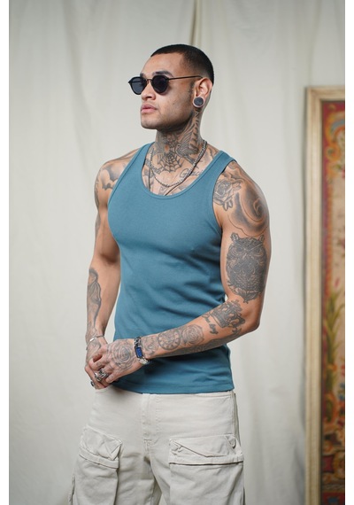 Slim Fit Kaşkorseli Esnek Düz Erkek Sporcu Atlet Petrol