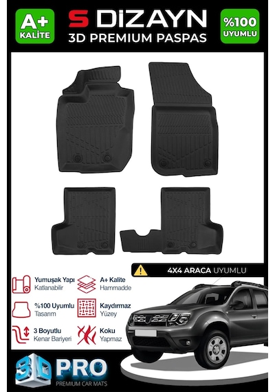 S-dizayn Dacia Duster 4x4 3d Pro Havuzlu Paspas 2013-2018 A+ Kalite