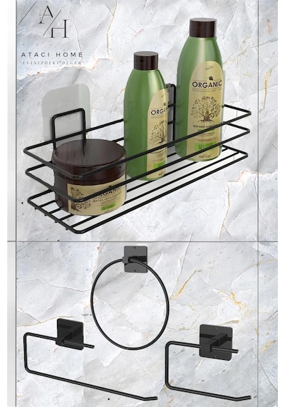 Atacı Yapışkanlı 4'lü Set Banyo Rafı Rulo Havluluk Wc Kağıtlık Çember Havluluk Banyo Mutfak Düzenleyici Siyah
