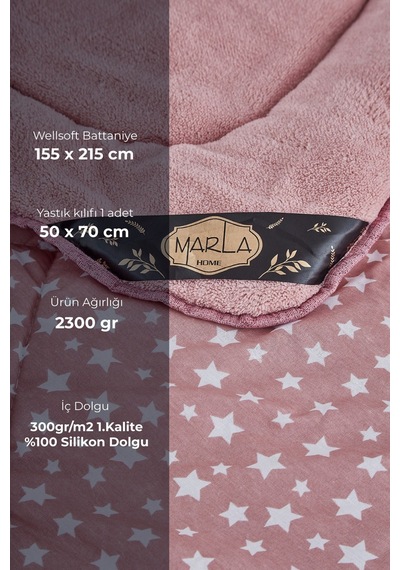 Star Desenli Tek Kişilik Çift Taraflı Wellsoft Yorgan Seti - Pembe - 155x215