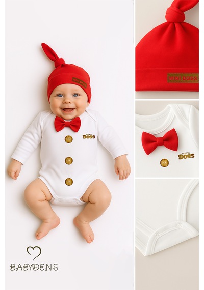 Babyden's Mini Boss Papyonlu Erkek Bebek Zıbın Seti Şapkalı Yenidoğan Bebek Body Takım Kırmızı