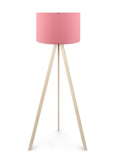 Pratik Ahşap Krem Üç Ayaklı Tripod Lambader Pembe Kumaş Başlık Salon Oturma Odası Köşe Lambası Pembe