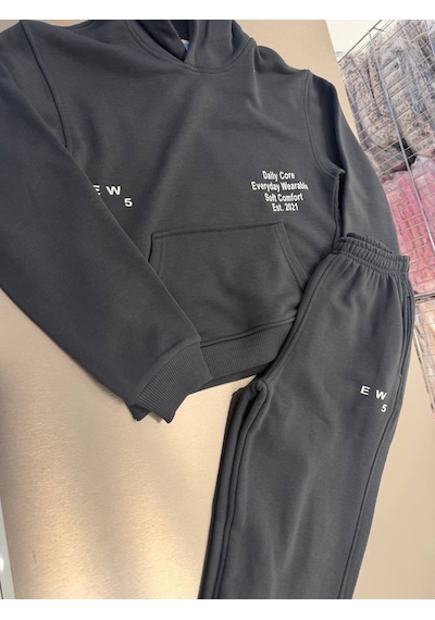 Magu Çocuk Pamuklu Daily Core Baskılı Siyah Kapüşonlu Sweatshirt Ve Eşofman Altı Takımı Çok Renkli